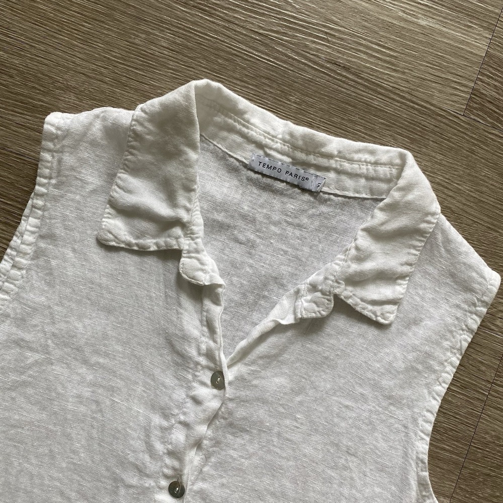 Tempo Paris Linen Tie Front Button Up Top Womens XL White Boho Coastal Lagenlook